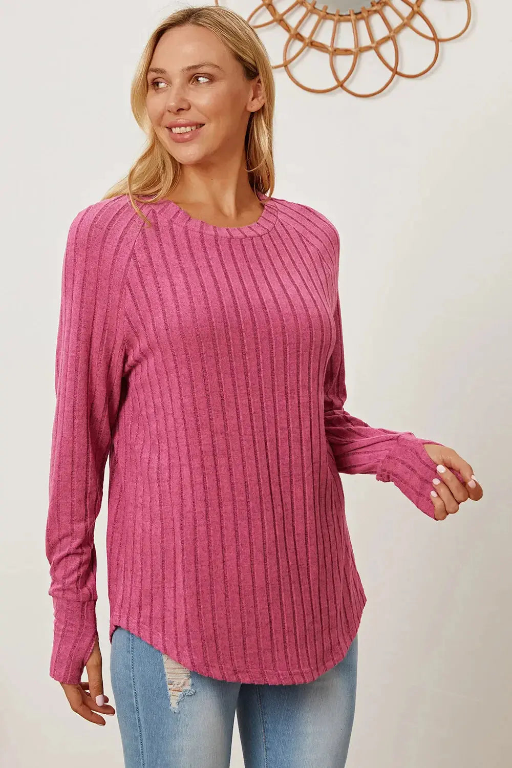 Basic Bae Full Size Ribbed Thumbhole Sleeve T-Shirt - Love Salve